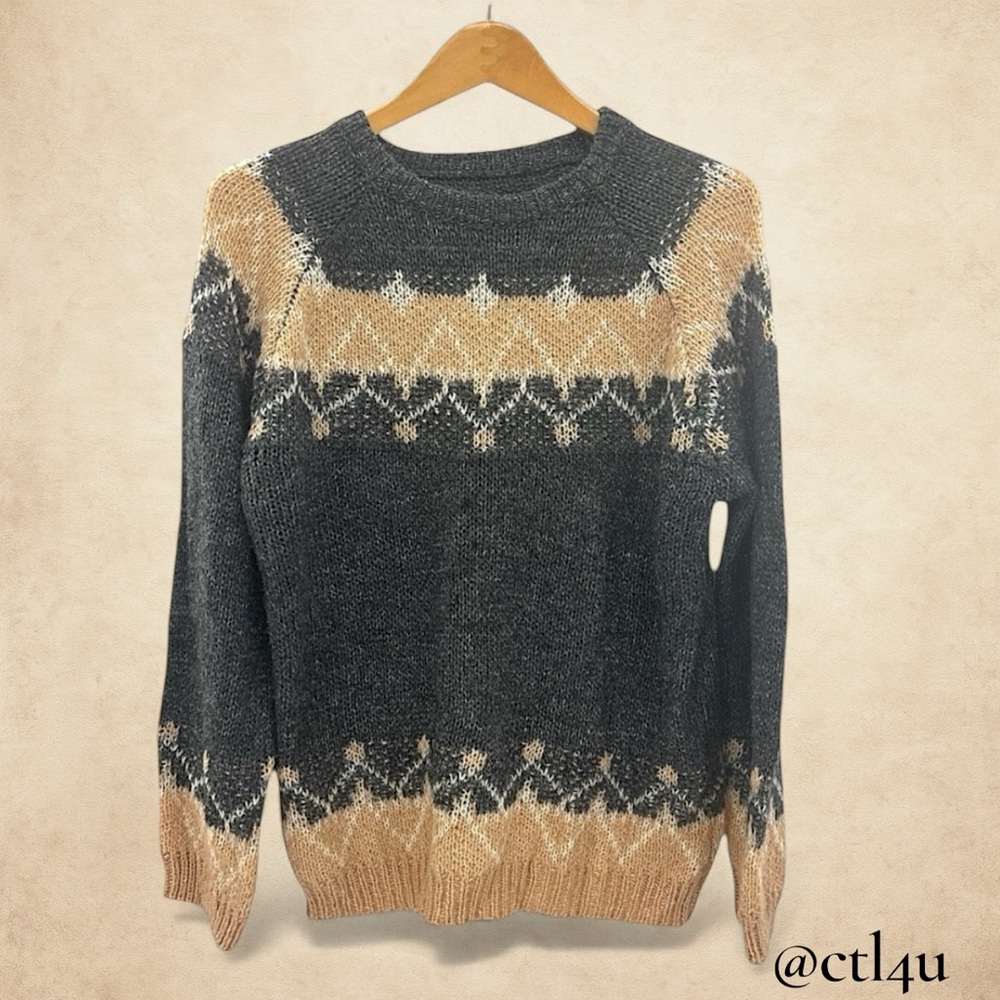 100% Mohair Fair Isle Raglan Sweater Size XL Soft Fuzzy Knit Nordic Cabin Winter